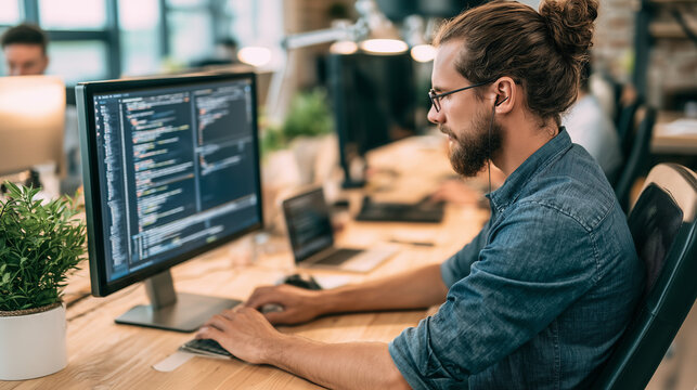 Software developer writing Python code in a modern office workspace , one man working in the office, stressed work, code, typing code, one monitor with code, day code, photo style