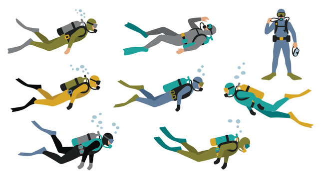 Set of scuba divers swimming underwater in various poses with gear and oxygen tank icons.