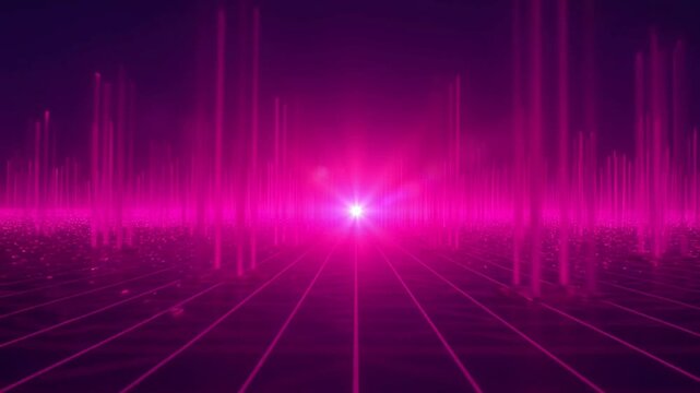 Abstract neon pink glowing vertical light pillars in a digital synthwave landscape with a dark reflective grid floor futuristic