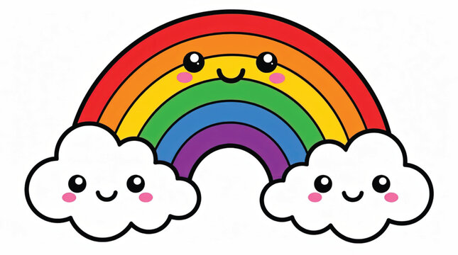 Colorful Rainbow With Smiling Clouds.