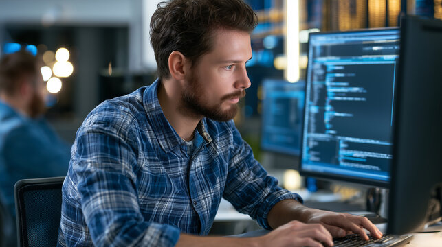 Developer working on cybersecurity software with focused expression , one man working in the office, stressed work, code, typing code, one monitor with code, day code, photo style