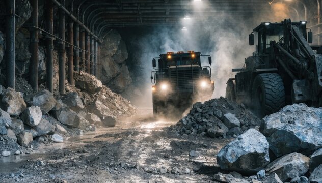 Medium shot focused on ramp access stoping featuring blasting activities and mucking ore emphasizing vehicle movement and safe ore transport pathways.