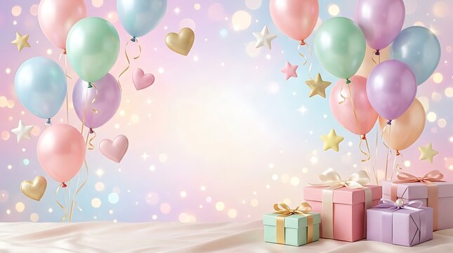 Pastel birthday background with balloons and gifts celebration design