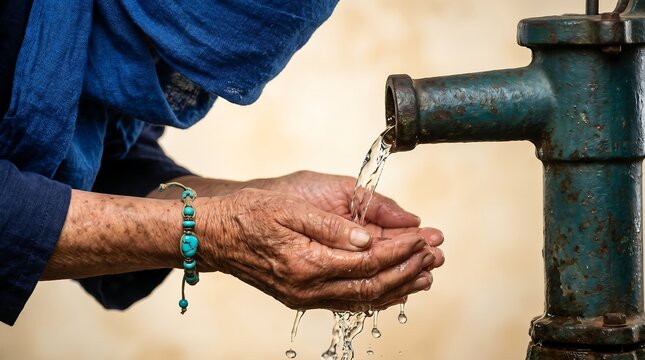 Elderly hands catching fresh water from a vintage manual pump