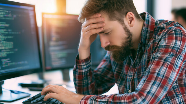 IT employee reviewing JavaScript code for a web application , one man working in the office, stressed work, code, typing code, one monitor with code, day code, photo style