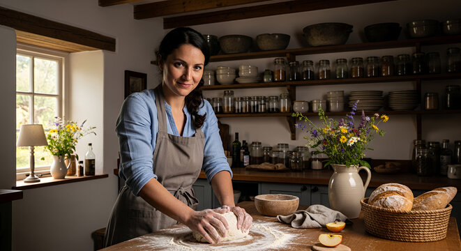 woman baking bread in rustic kitchen with flour on hands 
