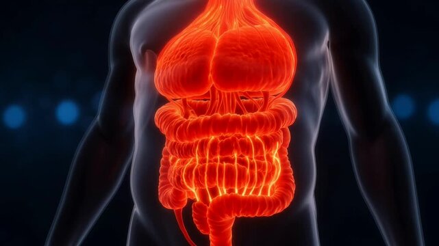Glowing Human Digestive System Anatomy Visualization on Dark Male Silhouette
