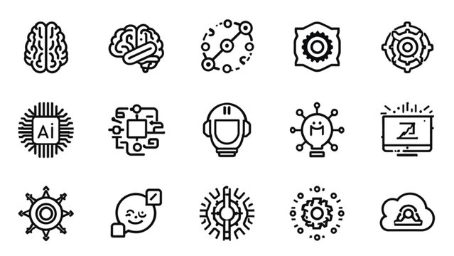 Artificial intelligence line icon set featuring human brain microchip smart robot machine learning cloud computing data technology network vectors