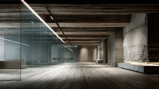 Raw, industrial interior space features exposed wooden beams and concrete structures illuminated by modern strip lighting