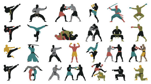 Martial arts silhouettes vector set isolated on white background various fighting poses.