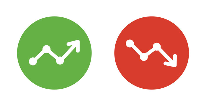 Growth and Decline Indicators: Two circular icons, one green with an upward trend and one red with a downward trend, symbolizing market performance. business concept, data analysis, financial trend.