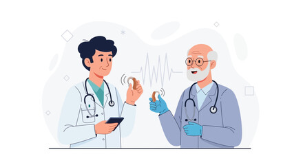 Fototapeta premium Two Doctors Discussing Hearing Aids and Audiology, Featuring Sound Waves and Medical Technology