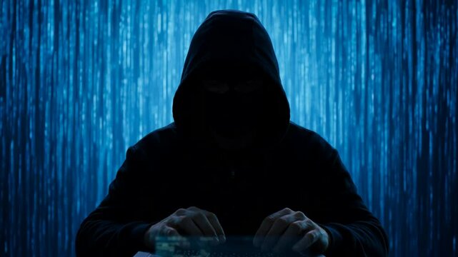 Anonymous hooded hacker typing on laptop keyboard in dark room with glowing blue digital matrix binary code background