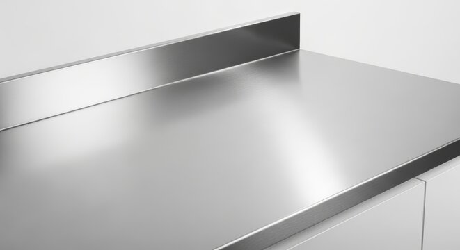 Empty stainless steel kitchen countertop. Modern metal work surface for food preparation. Industrial kitchen table interior background. Clean surface with polished texture.