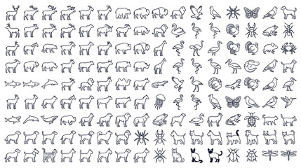 Obraz premium Set of various wild and domestic animal icons represented as simple outline black vectors.