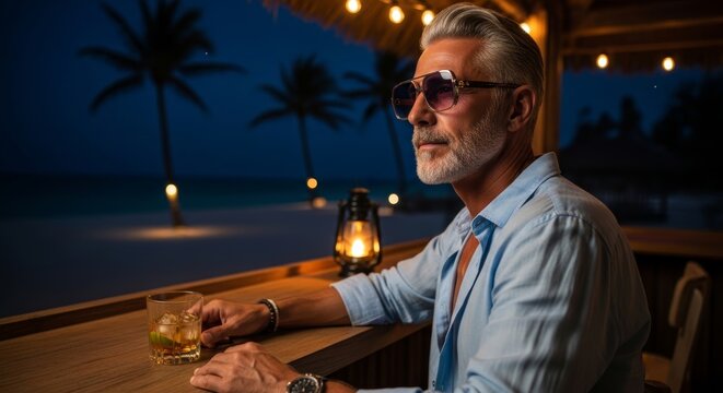 Mature man wearing sunglasses sitting at beach bar with drink at night. Stylish gentleman relaxing during vacation. Tropical resort leisure travel and luxury lifestyle concept at sea.