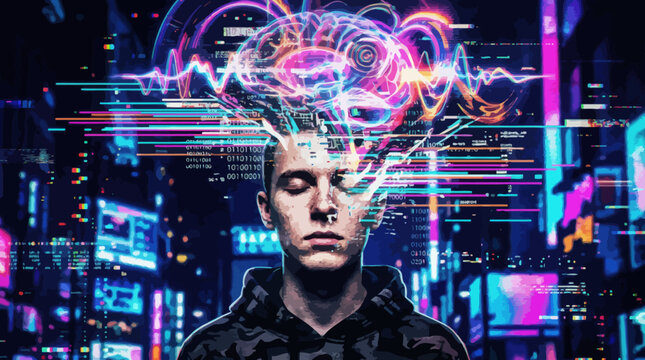 Man with digital brain waves in neon cyberpunk city background