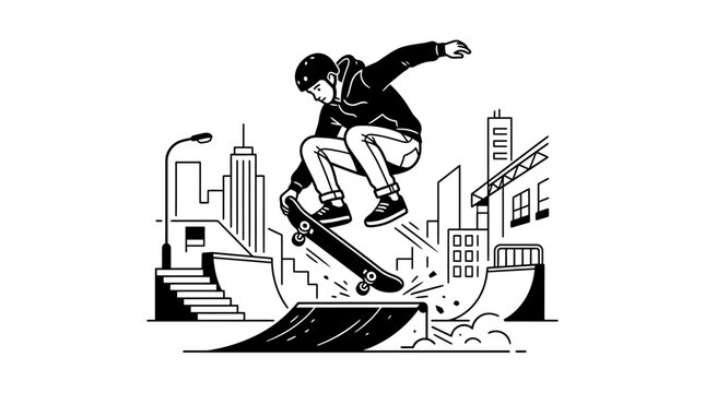 A dynamic illustration of a skateboarder performing a trick on a ramp in an urban setting with cityscape and stairs.