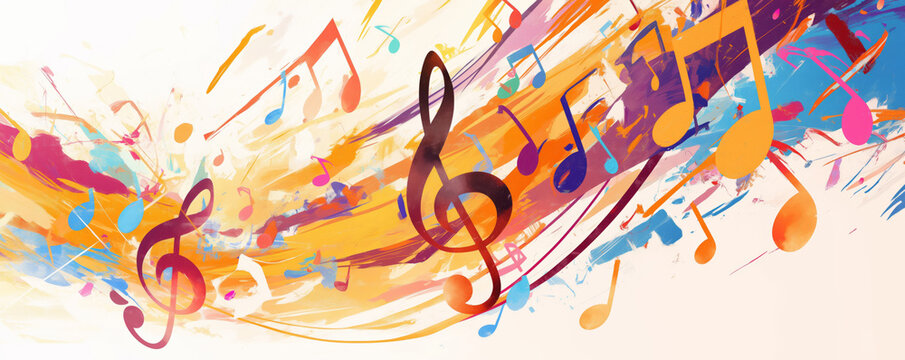 Vibrant abstract composition featuring musical notes and symbols amidst colorful paint splashes.