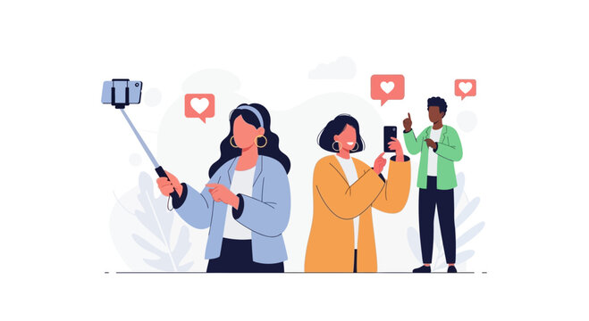 Diverse friends taking selfies and sharing social media likes, concept of online connection and influencer marketing.