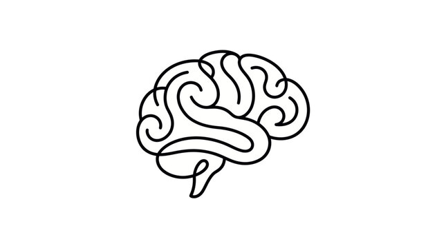 Minimalist half human brain outline illustration on white background, concept of psychology, mind, creativity and intelligence line art