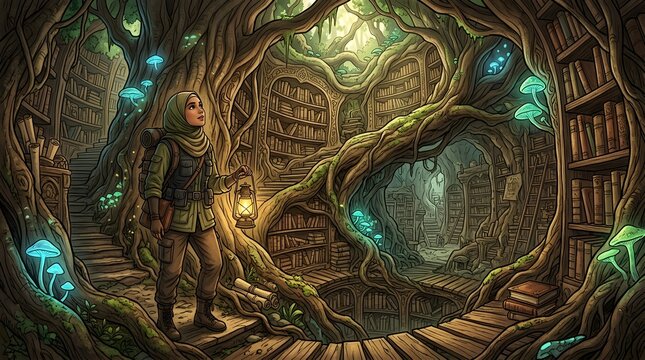 Enchanted Forest Library with Glowing Mushrooms and Ancient Trees.