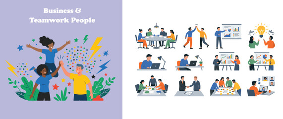 Fototapeta premium Business team celebration high five success people working together corporate teamwork set.