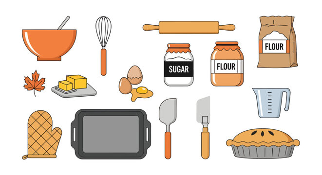 Bakery Kitchen Illustration with Flour Eggs Sugar Knife Rolling Pin Measuring Cup and Baked Goods for Cooking and Baking Recipes