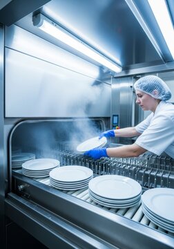 Woman worker preparing white plate in industrial dishwasher. Professional kitchen staff using steaming commercial washing equipment for hygiene. Restaurant catering sanitization process.