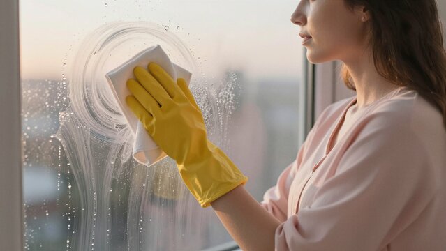 A woman wearing yellow gloves cleans a soapy window with a cloth during golden hour.