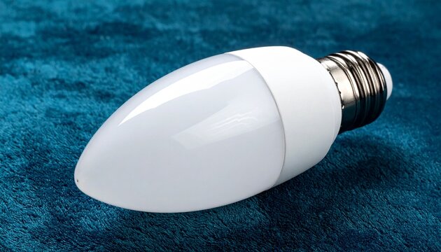 Energy saving matte white lightbulb lying down on teal blue velvet surface, eco friendly concept