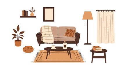 Fototapeta premium Cozy living room interior with sofa, lamp, curtains, plants, coffee table, books, candle, decorative items in warm tones, home decor, interior design inspiration