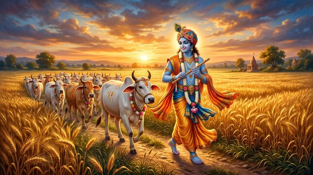 Lord Krishna with his flute and his beloved cow