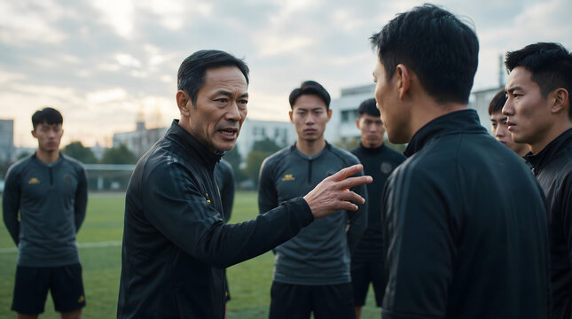 厳しい表情で生徒たちに指導しているアジア人コーチ(An Asian coach instructing students with a stern expression.)