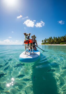 Woman on stand up paddle board with dog in life vest on tropical water with fish. Vacation outdoor activity, summer travel and aquatic adventure with pet in crystal clear ocean.