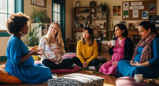 Diverse pregnant woman group meeting in support circle. Expectant mothers sharing experience at prenatal class. Community, companionship and motherhood health education concept.