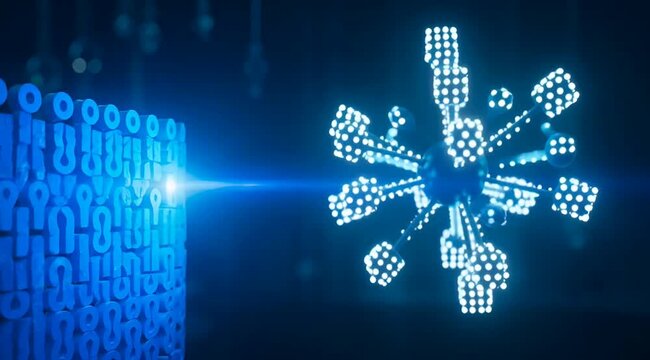 Abstract digital visualization of a glowing blue virus particle interacting with a complex data block structure representing