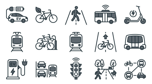 Various transportation modes depicted in simple line icons including cars, bicycles, buses, and scooters on roads and sidewalks.