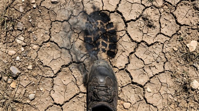 Sepatu hiking meninggalkan jejak karbon terbakar di tanah retak