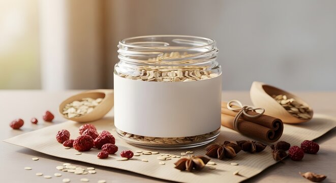 Glass jar of oats with blank label surrounded by ingredients for food packaging and branding mockup.