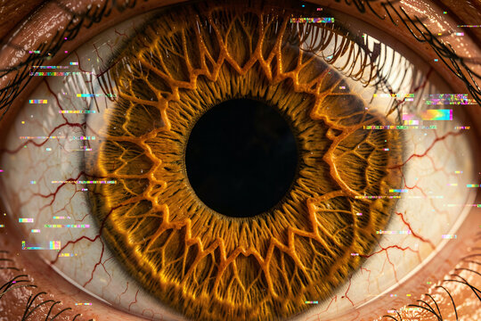 Hyperdetailed Amber Eye Macro with Digital Glitch and Stellate Patterns