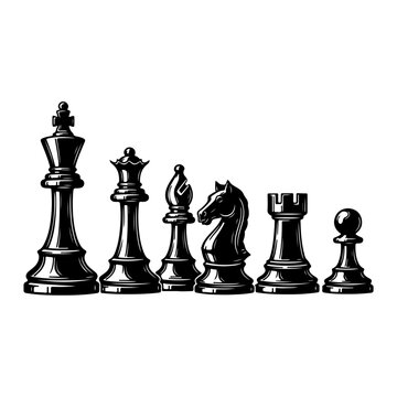 Set of Black Chess Pieces on White Background.