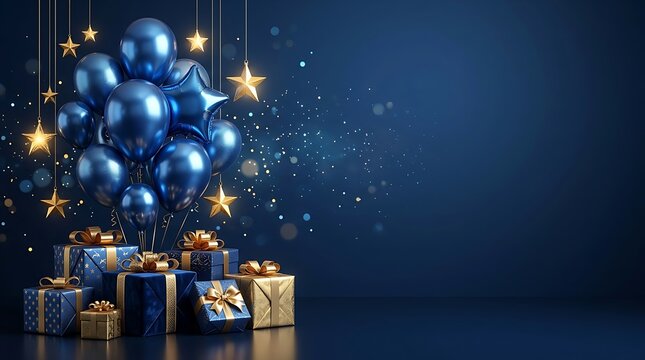 Elegant navy blue birthday background with gold star accents and gift boxes