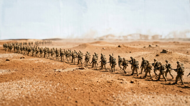 Desert March: A column of soldiers in uniform marches through a barren, dusty desert landscape, embodying the resilience and determination of those on a challenging journey.