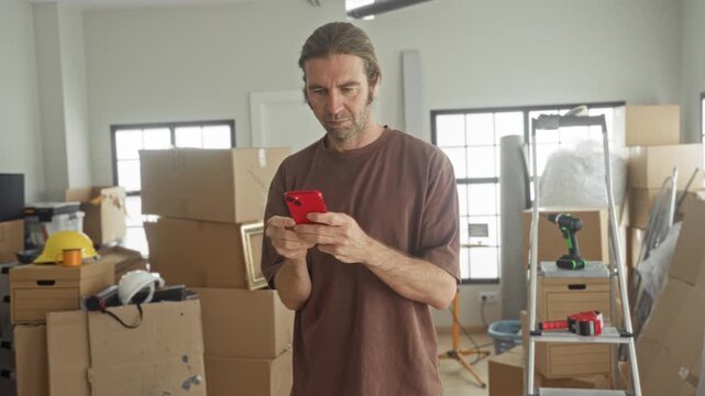 Man holding red smartphone and gesturing with one hand while checking messages in a cluttered building with boxes and tools; frustration planning.