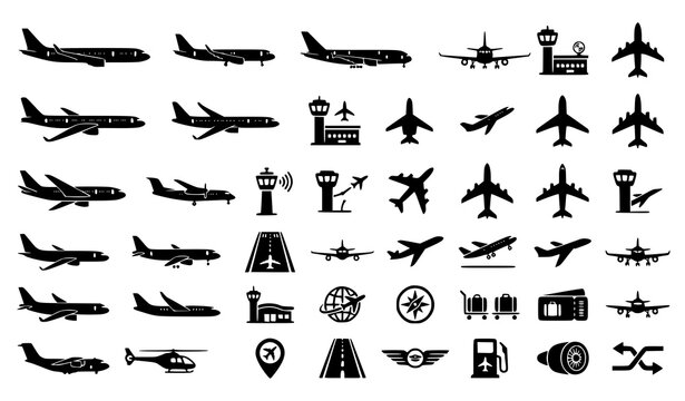 Commercial Airplane Silhouette Aviation Vector Icon Collection
