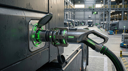 Naklejka premium Electric or Hydrogen Truck Charging Connector with Green LED Lights at Fleet Depot