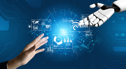 Fototapeta premium AI artificial intelligence drives data analytics with predictive models, smart dashboards, and virtual assistant insights for data-driven business decisions. Vouch