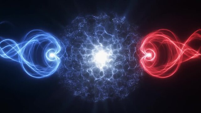 Abstract concept of quantum energy connection with glowing red and blue light waves