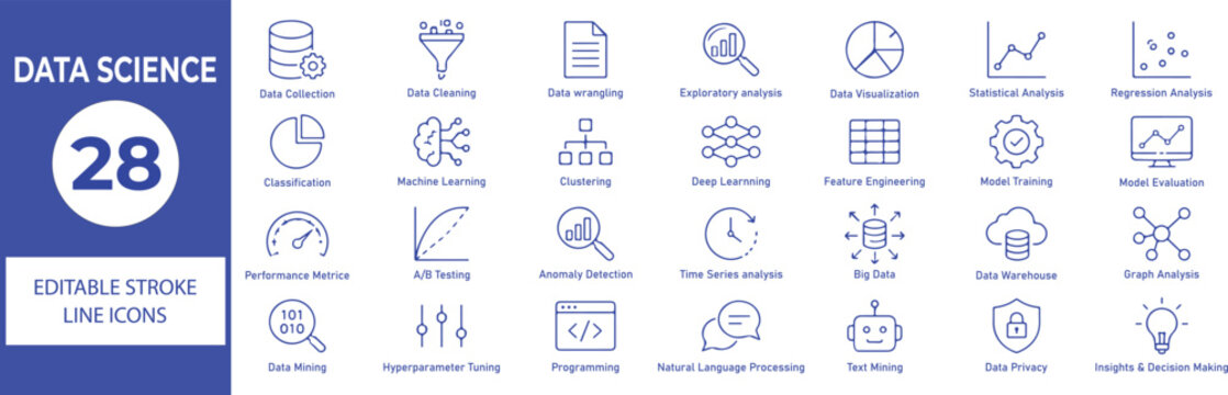 Data Science Vector Outline Icons Set &ndash; Machine Learning, Big Data, Analytics, AI, Data Visualization and Statistical Analysis Line Icons Collection